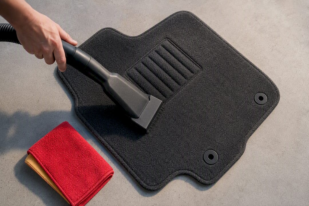 Vacuum removing soil from floor mat