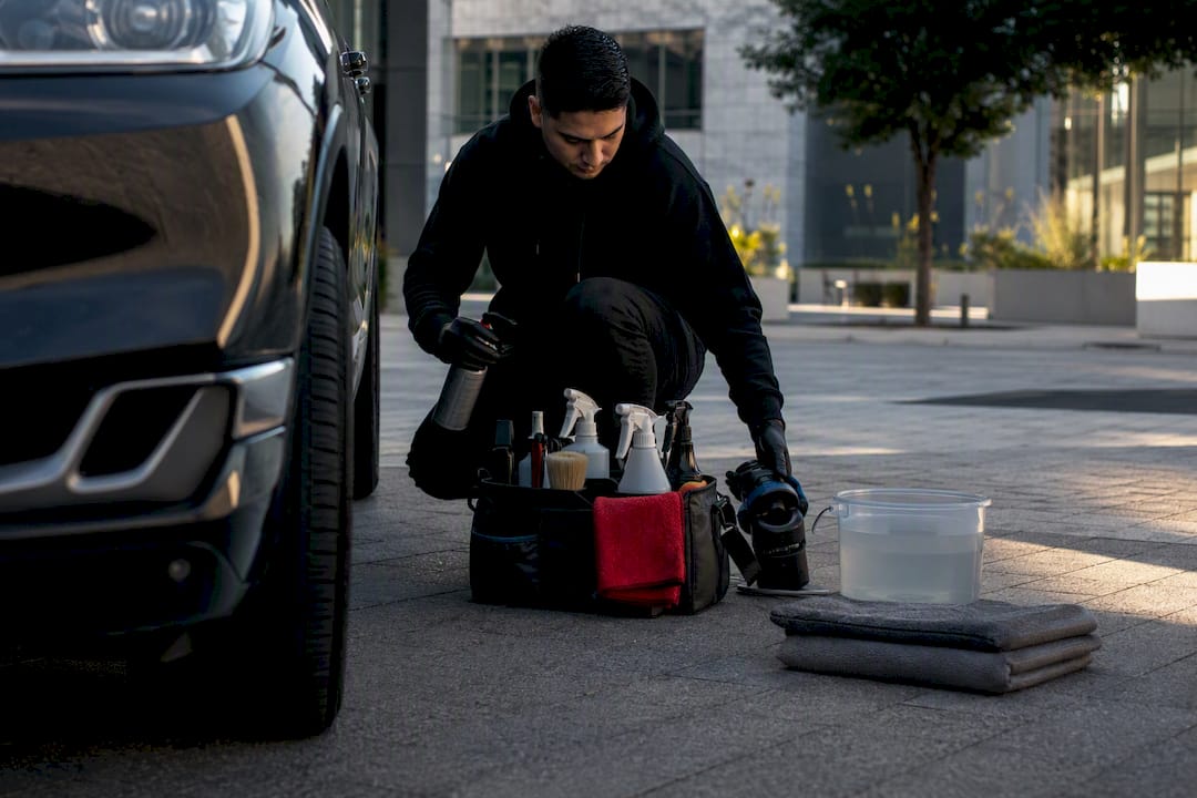 Technician preparing a mobile detailing appointment