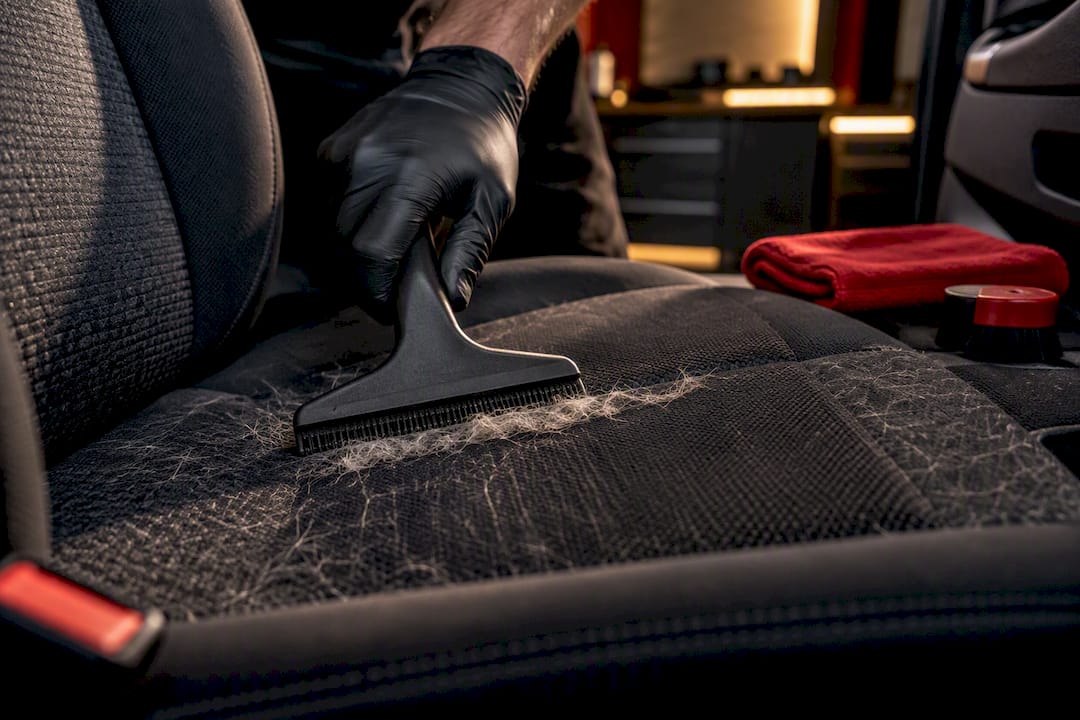 Rubber tool gathering pet hair from car seat