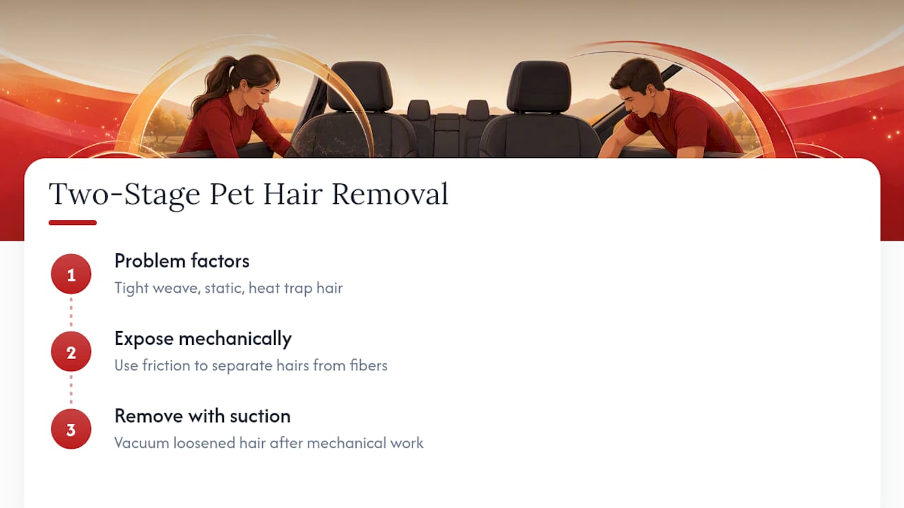 Two-stage car pet hair removal process