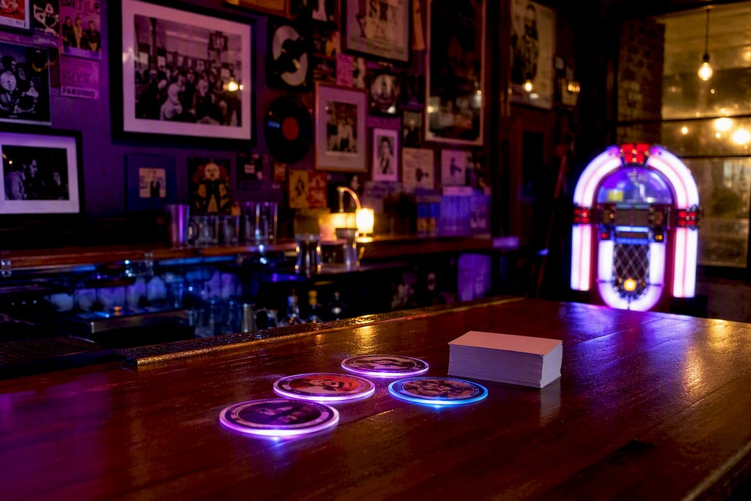 Vintage bar table with vinyls and trivia cards