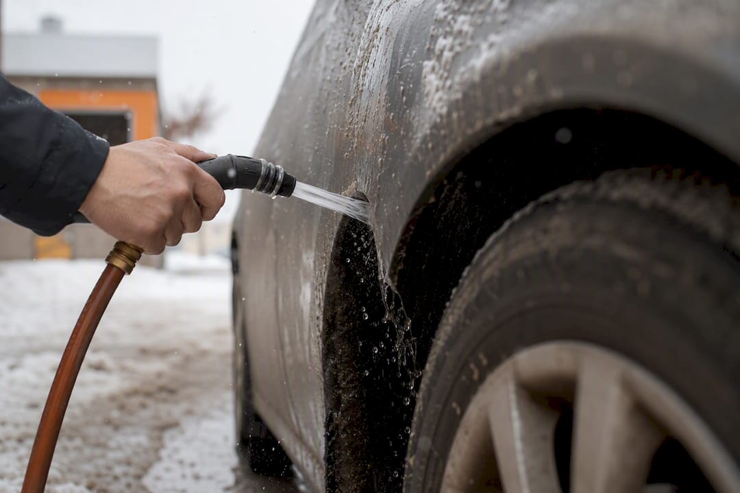 Rinsing car wheel well to remove road salt
