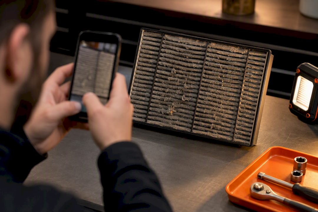 Technician photographing a used air filter