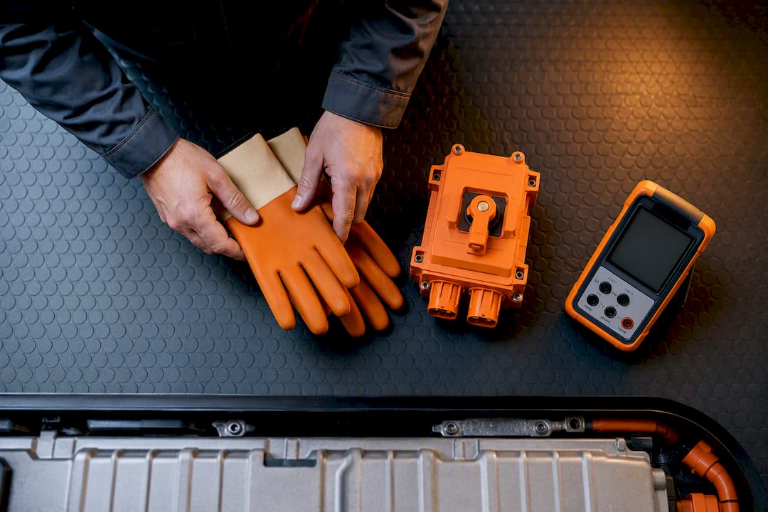 EV technician preparing high voltage safety equipment