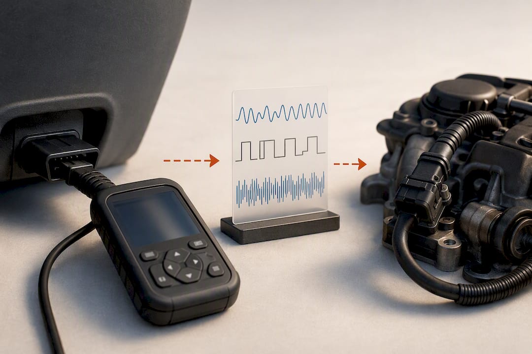 Three-stage engine diagnostic process illustration