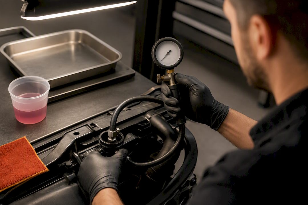 Technician pressure testing a coolant system