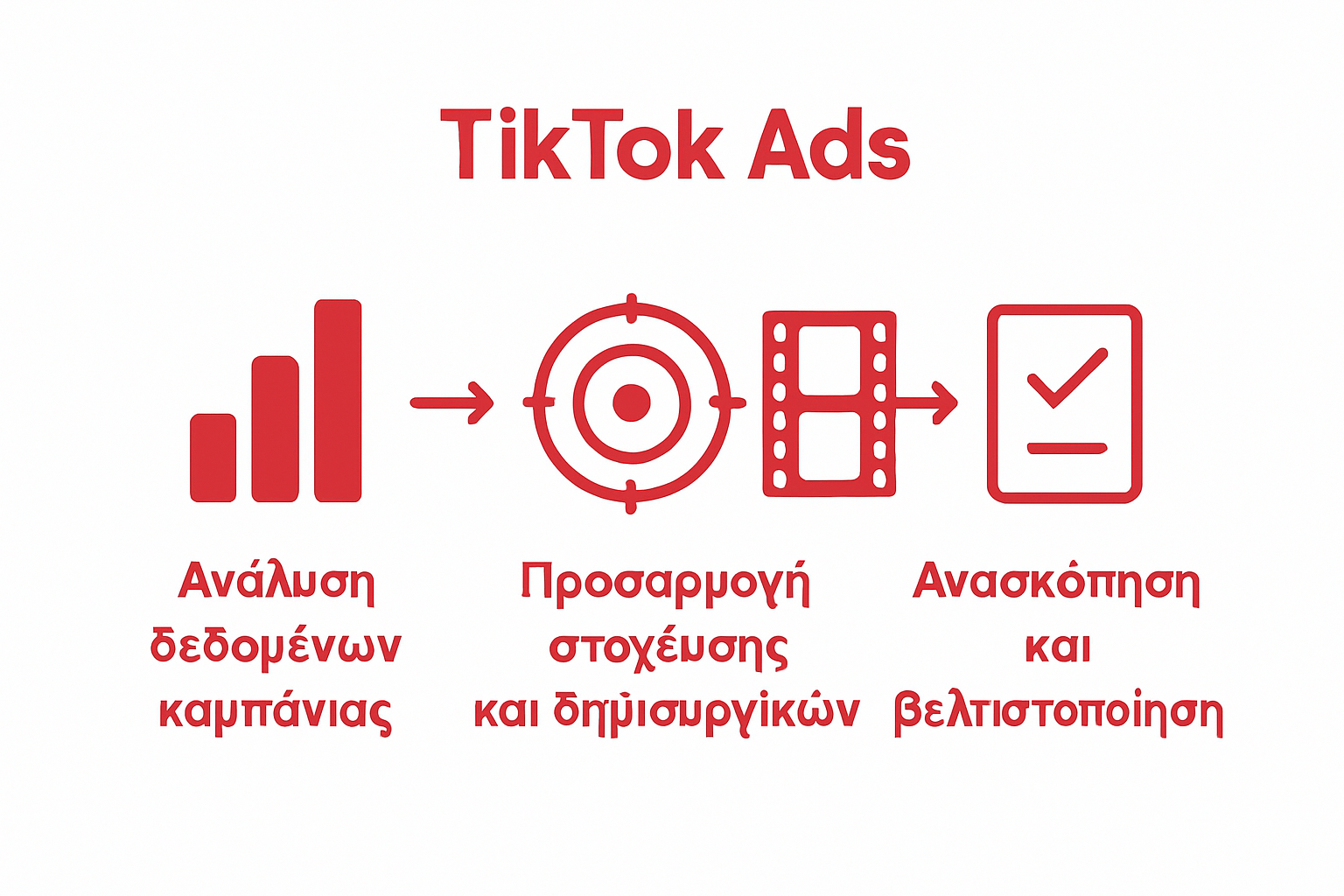 Three-step TikTok Ads optimization process with icons and arrows