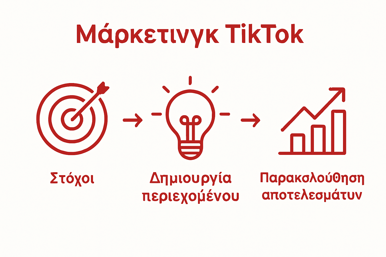 Three-step process infographic showing goal, content creation, and analytics icons with arrows