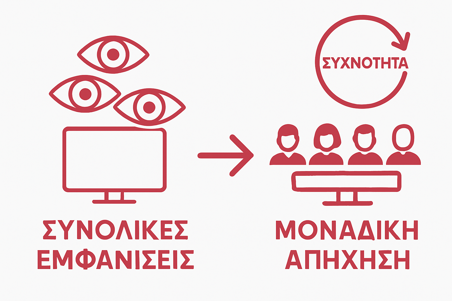 Icons comparing impressions reach and frequency in digital marketing