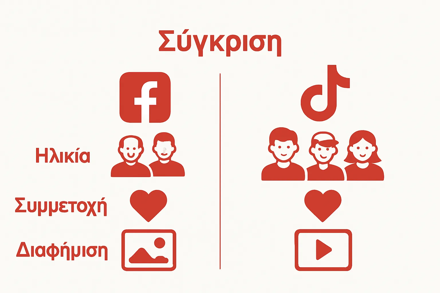 Visual comparison of engagement, format, and age between TikTok and Facebook