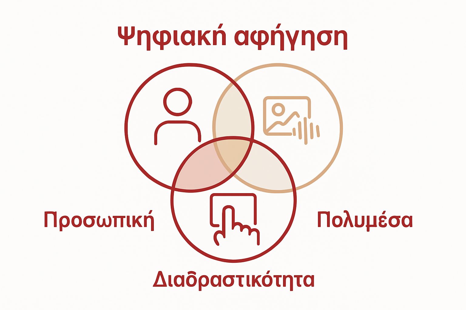 Infographic symbolizes three core elements of digital storytelling with icons: personal story, interactivity, and multimedia