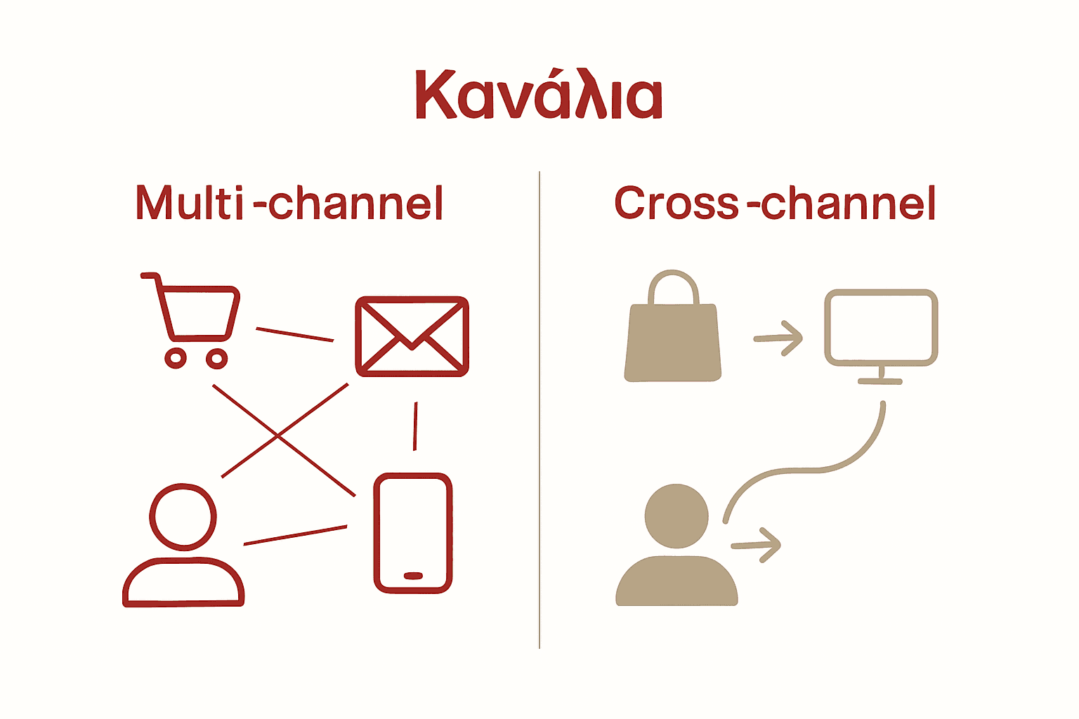 Σύγκριση cross-channel και multi-channel marketing με εικονίδια διαδρομής πελάτη