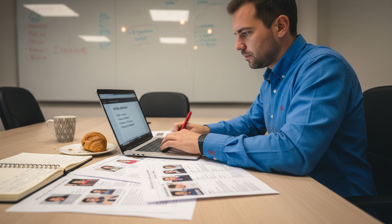 Επαγγελματίας του μάρκετινγκ εξετάζει προφίλ και σημειώσεις συνεργατών/influencers