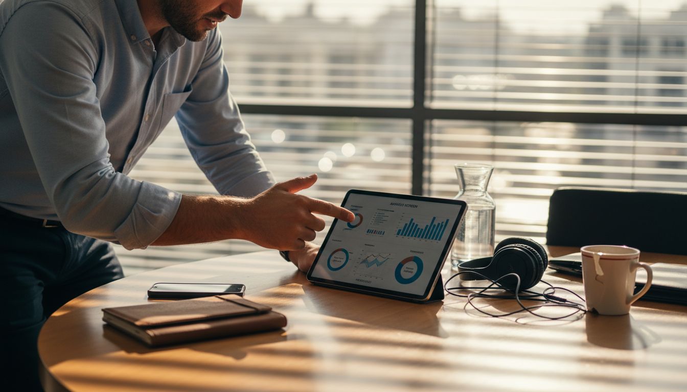 Ένας επιχειρηματίας παρουσιάζει διαγράμματα σε μια επαγγελματική συνάντηση, εξηγώντας τα βασικά σημεία της στρατηγικής του στην ομάδα.