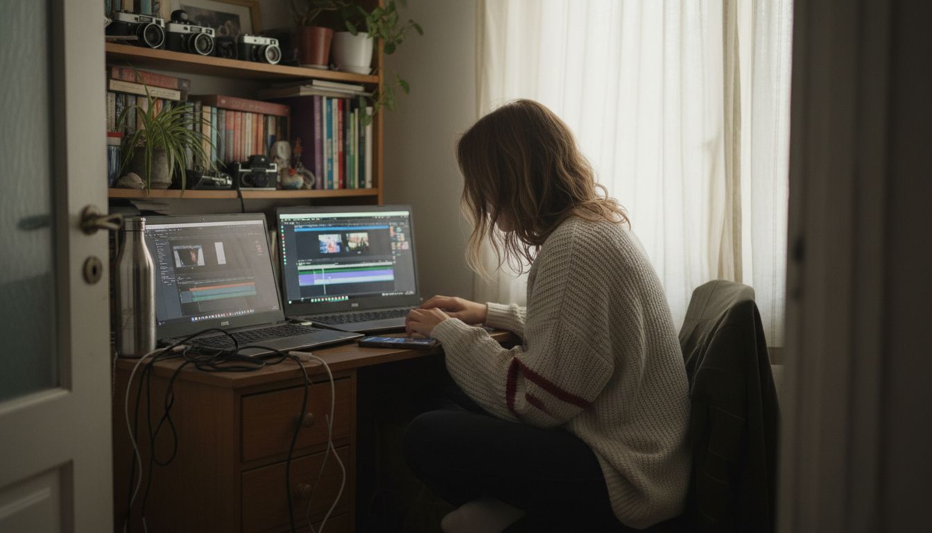 Ένας μοντέρ κάθεται στο γραφείο του και διαλέγει τα κατάλληλα εργαλεία για το μοντάζ βίντεο.