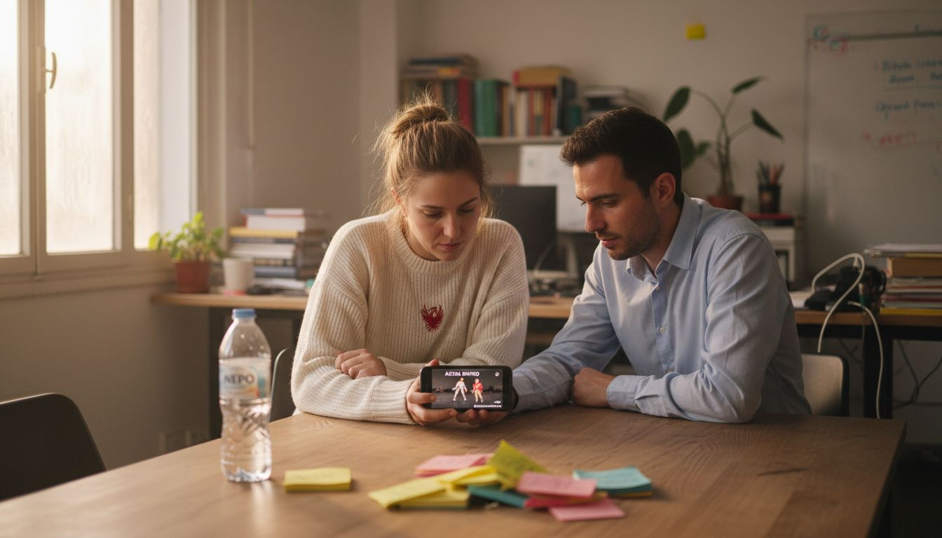 Συνάδελφοι συζητούν πώς θα οργανώσουν τη στρατηγική τους για βίντεο στο TikTok.
