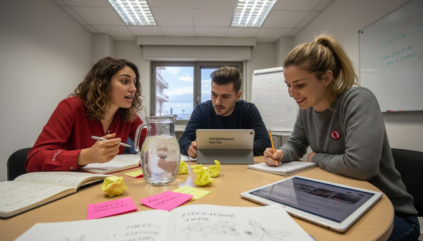 Η ομάδα συγκεντρωμένη στην αίθουσα συσκέψεων, συζητά και ανταλλάσσει ιδέες για το επόμενο TikTok βίντεο.