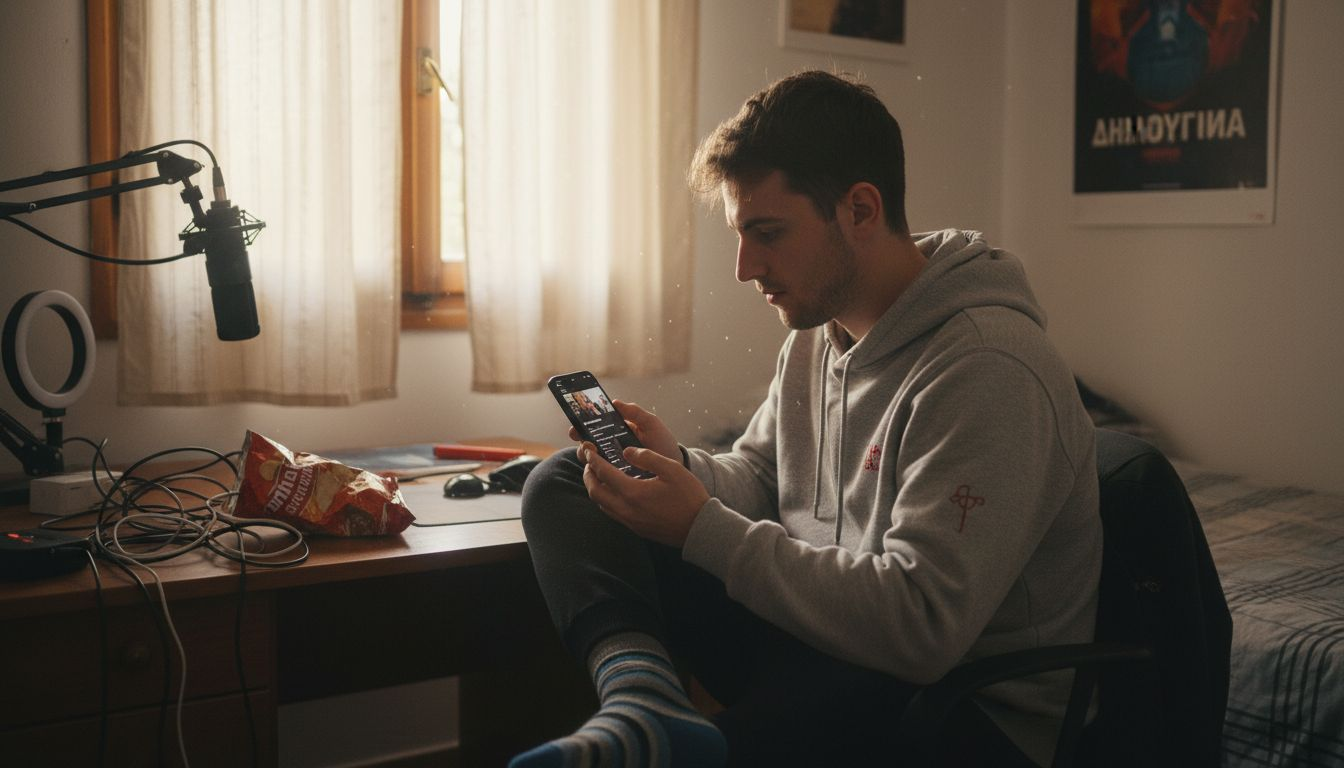 Ένας νεαρός δημιουργός κάθεται στο γραφείο του και επεξεργάζεται βίντεο για το TikTok.