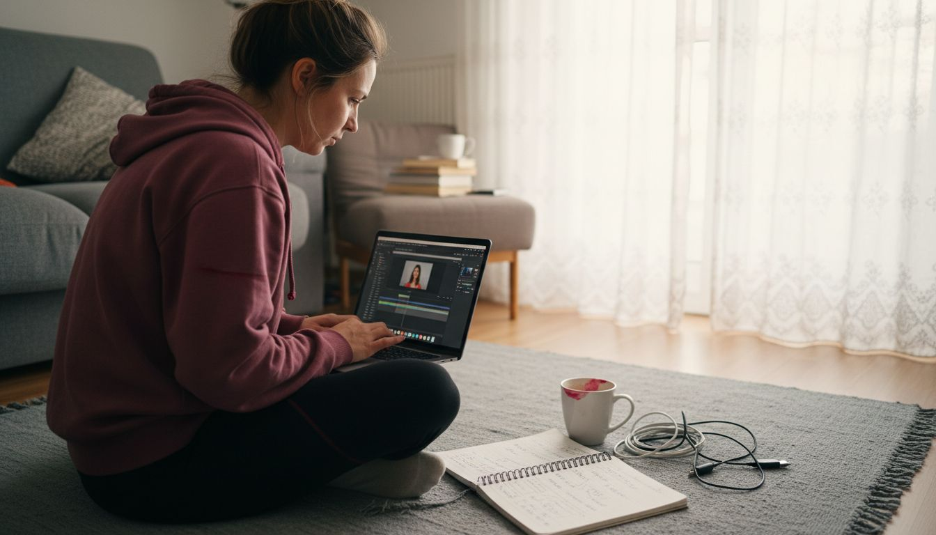 Ο διευθυντής κάθεται σπίτι και μοντάρει ένα σύντομο βίντεο στον υπολογιστή του.
