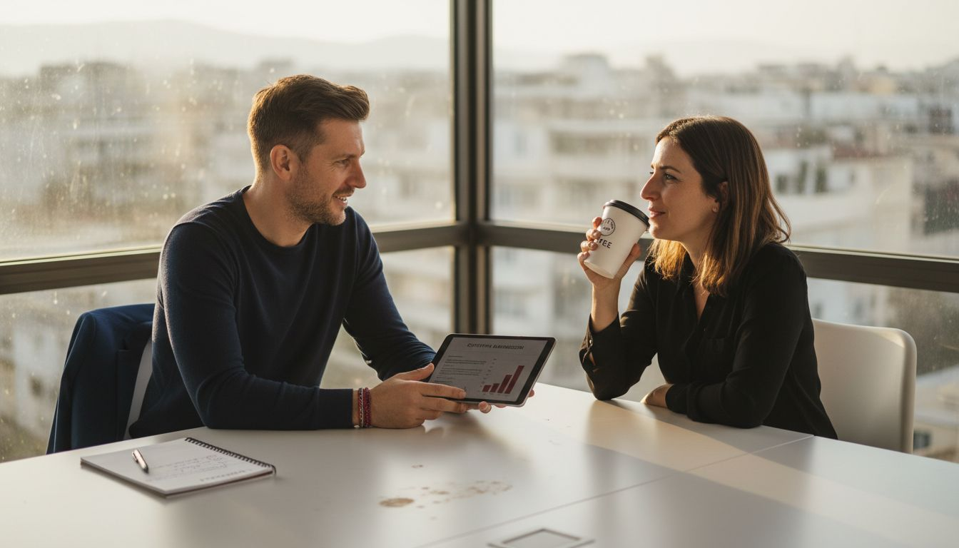 Ένας υπεύθυνος marketing παρουσιάζει τα αποτελέσματα της διαφημιστικής καμπάνιας σε έναν πελάτη της επιχείρησης.