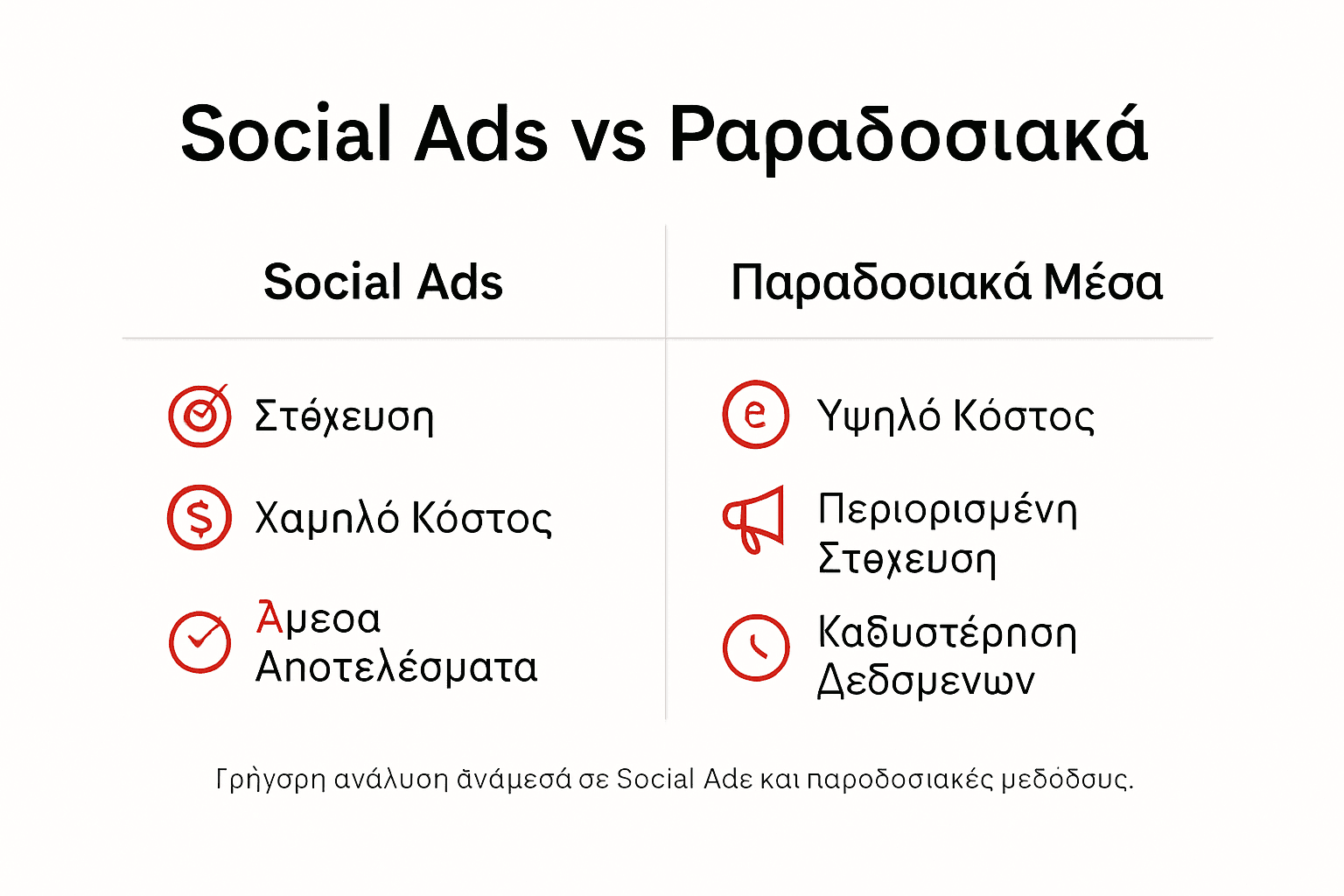 Γραφικό που παρουσιάζει με μια ματιά τις βασικές διαφορές ανάμεσα στη διαφήμιση στα social media και στις παραδοσιακές μορφές προβολής.