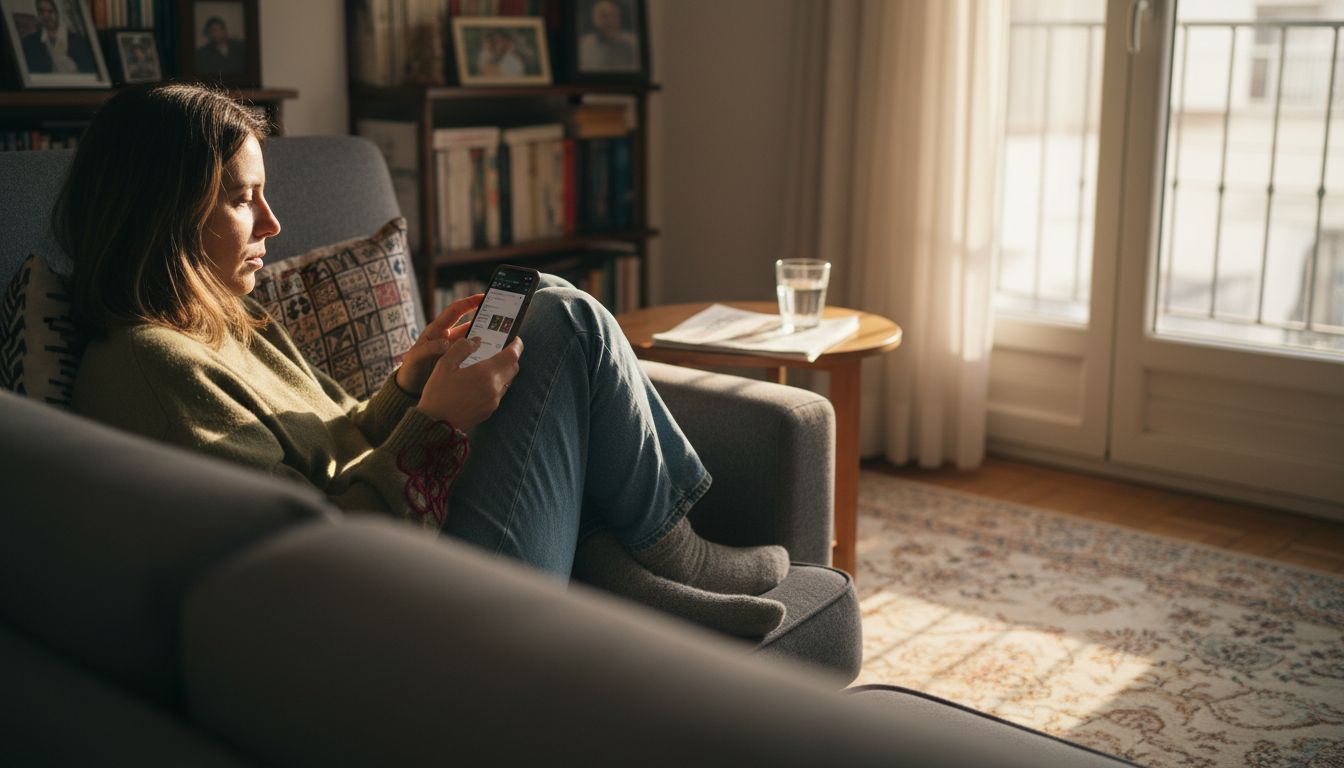 Γυναίκα χαζεύει το newsfeed της στα social από το κινητό της