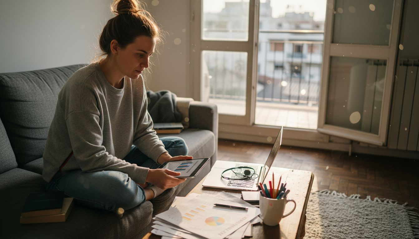 Μια γυναίκα κάθεται άνετα στον καναπέ και εξετάζει τα στοιχεία του κοινού στον υπολογιστή της.
