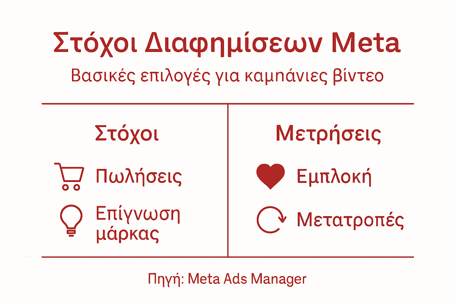 Αναλυτικό γράφημα με τους βασικούς στόχους και τις μετρήσεις των διαφημιστικών καμπανιών στο Meta