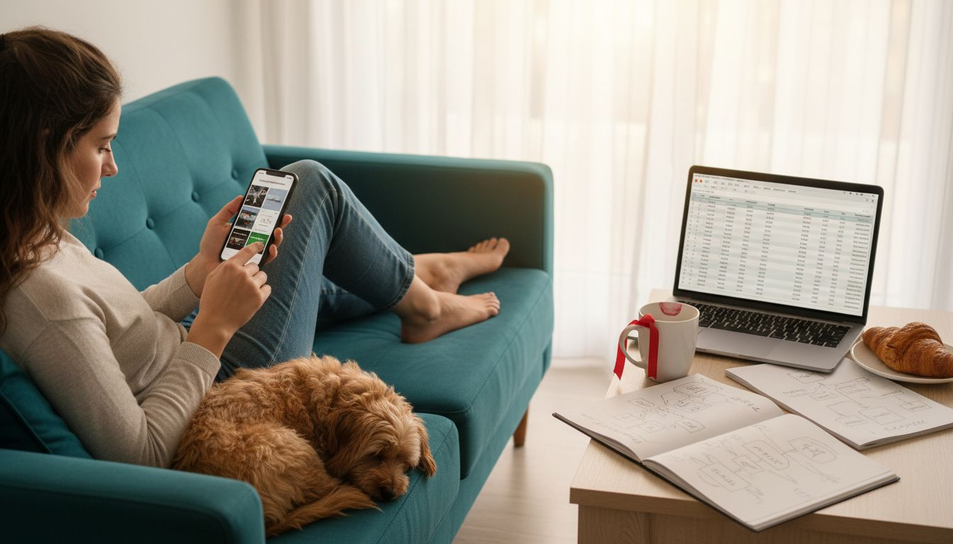 Μια γυναίκα κάθεται στο σπίτι της και εξετάζει διάφορες επιλογές για διαφημίσεις στα social media.