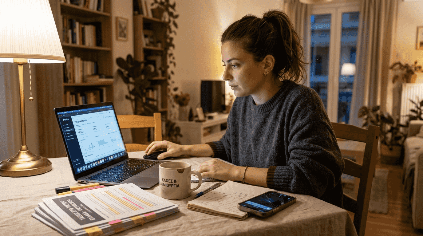 Ένας δημιουργός εξερευνά τα εργαλεία του TikTok στον υπολογιστή του, αναζητώντας τρόπους να βελτιώσει το περιεχόμενό του.