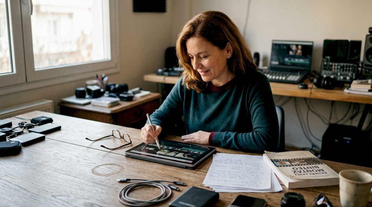 Μια γυναίκα ασχολείται με την επεξεργασία βίντεο στον υπολογιστή της.