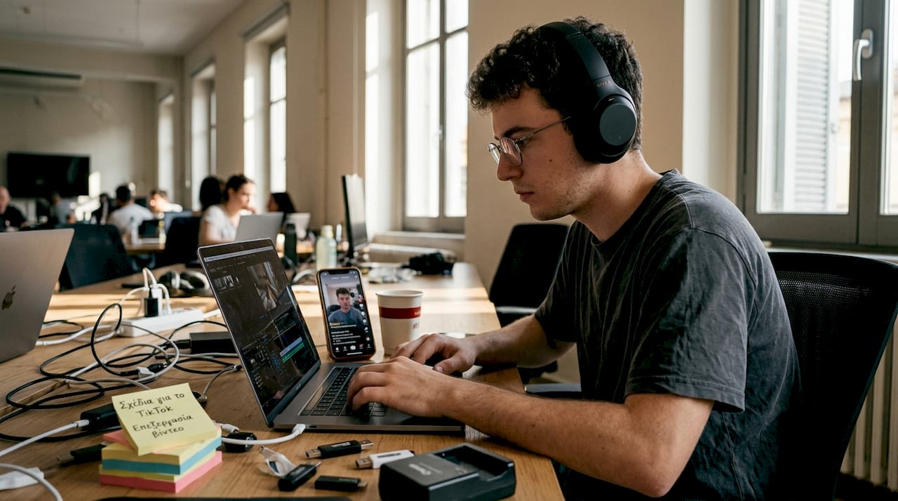 Ένας άνδρας επεξεργάζεται ένα σύντομο βίντεο στον χώρο εργασίας του.