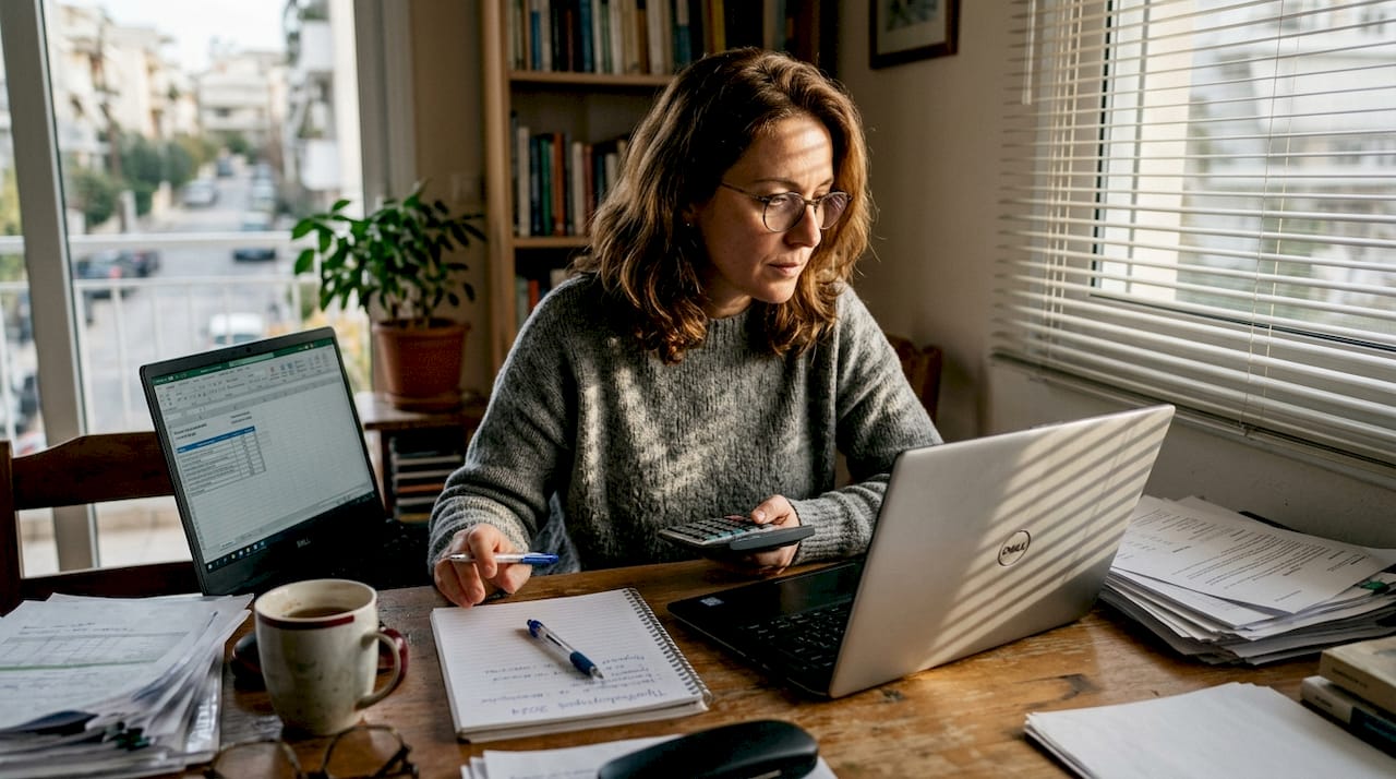 Μια γυναίκα υπολογίζει το κέρδος από τις διαφημίσεις της, δουλεύοντας στον υπολογιστή της και κρατώντας σημειώσεις.