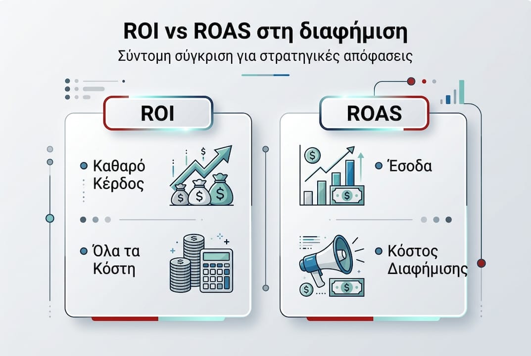 Παρουσίαση των διαφορών μεταξύ ROI και ROAS μέσα από ένα infographic