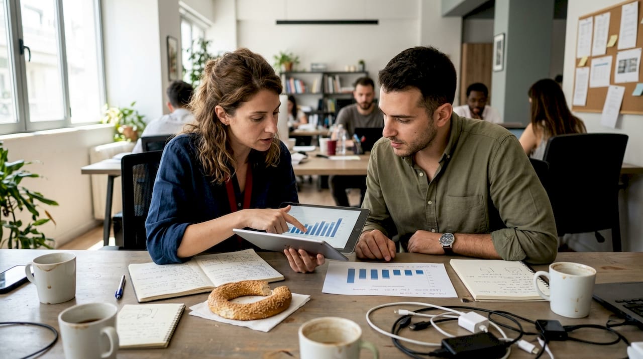 Συνάδελφοι συγκεντρωμένοι γύρω από το τραπέζι, συζητούν τα αποτελέσματα της τελευταίας καμπάνιας μάρκετινγκ και ανταλλάσσουν ιδέες για το πώς θα πετύχουν ακόμα καλύτερα νούμερα.