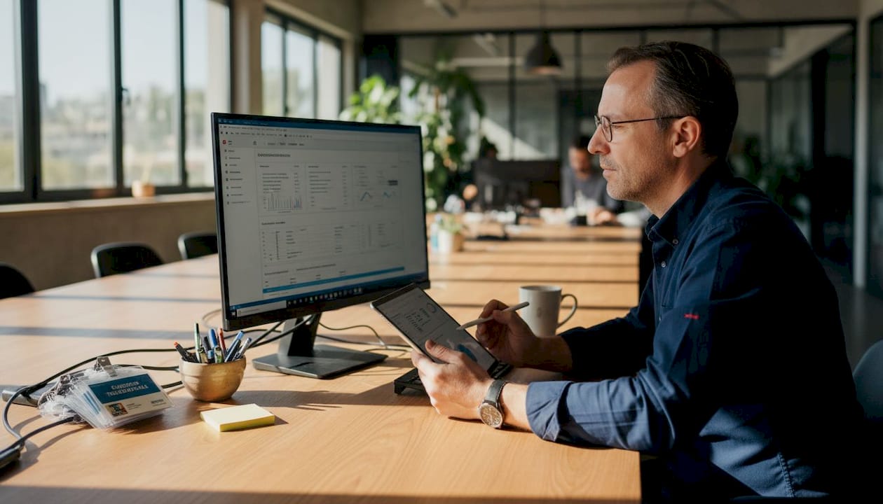 Ένας άνδρας εργάζεται σε κοινόχρηστο χώρο γραφείων, αξιοποιώντας εργαλεία ανάλυσης δεδομένων.