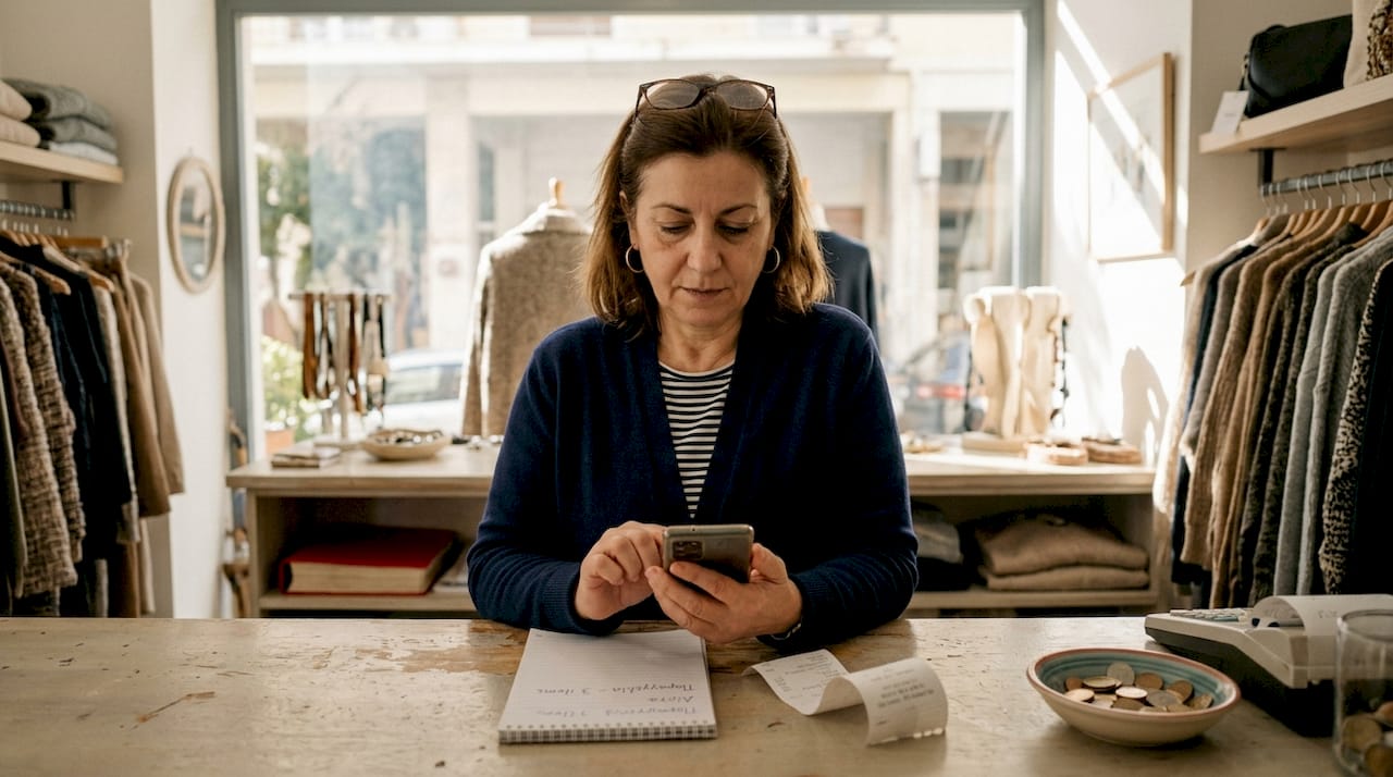 Ο ιδιοκτήτης του καταστήματος κοιτάζει τα σχόλια των πελατών στο κινητό του, για να δει τι λένε και να βελτιώσει την εξυπηρέτηση.