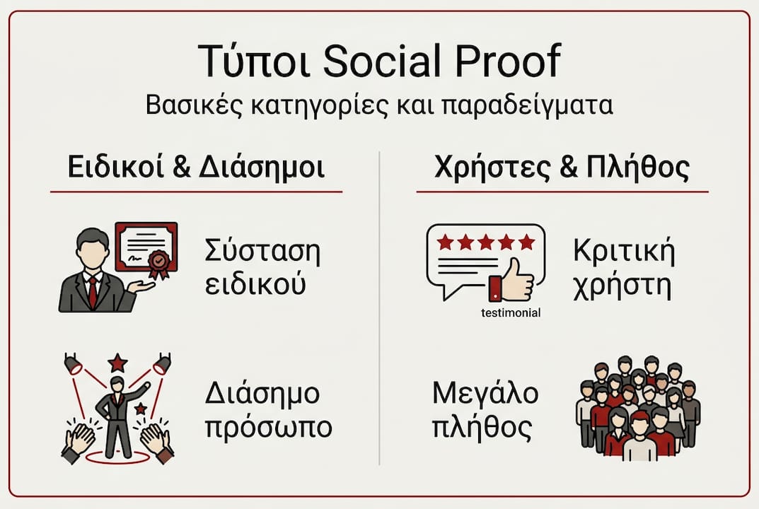 Εικονογράφηση με τους βασικούς τύπους κοινωνικής απόδειξης και χαρακτηριστικά παραδείγματα