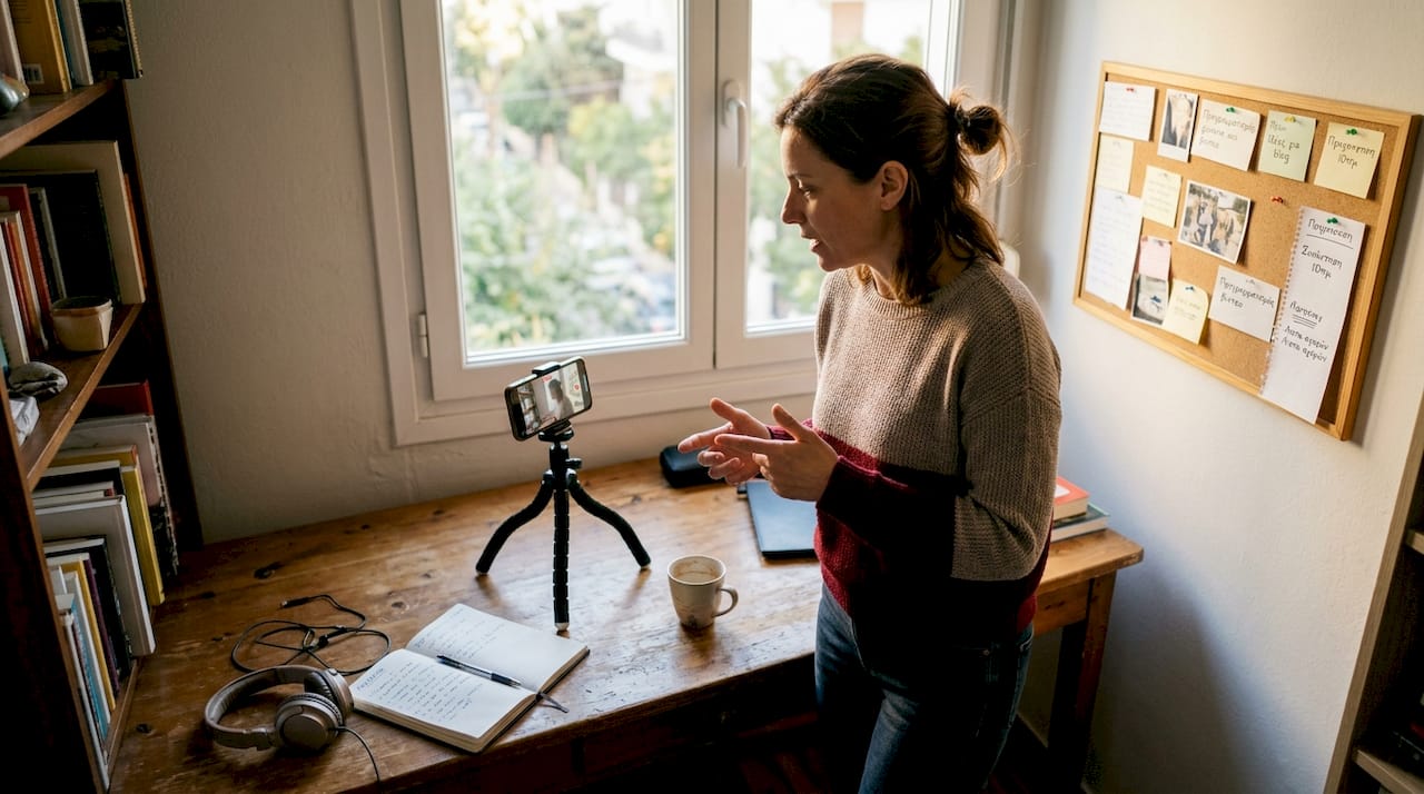 Γυναίκα βιντεοσκοπεί περιεχόμενο σε γραφείο
