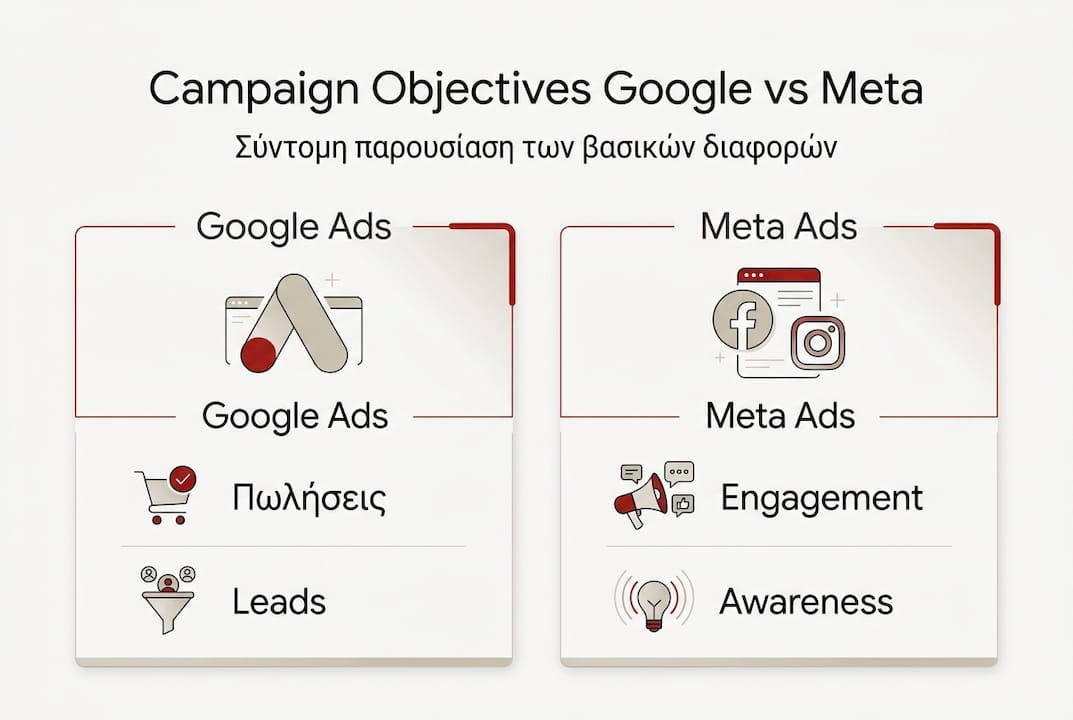 Εντυπωσιακό γράφημα που αναδεικνύει τις βασικές διαφορές στους στόχους διαφημιστικών καμπανιών μεταξύ Google και Meta.