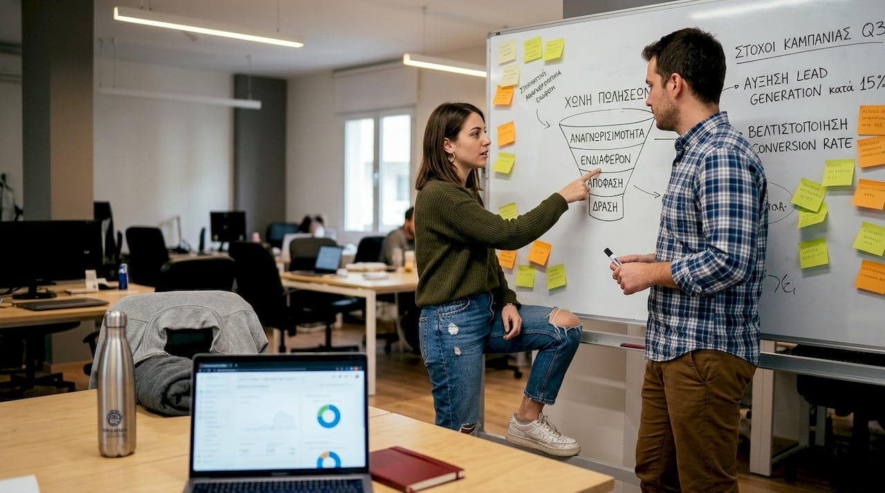 Συνάδελφοι συζητούν ιδέες για τη δομή μιας καμπάνιας, σχεδιάζοντας τα βασικά στάδια σε έναν πίνακα.