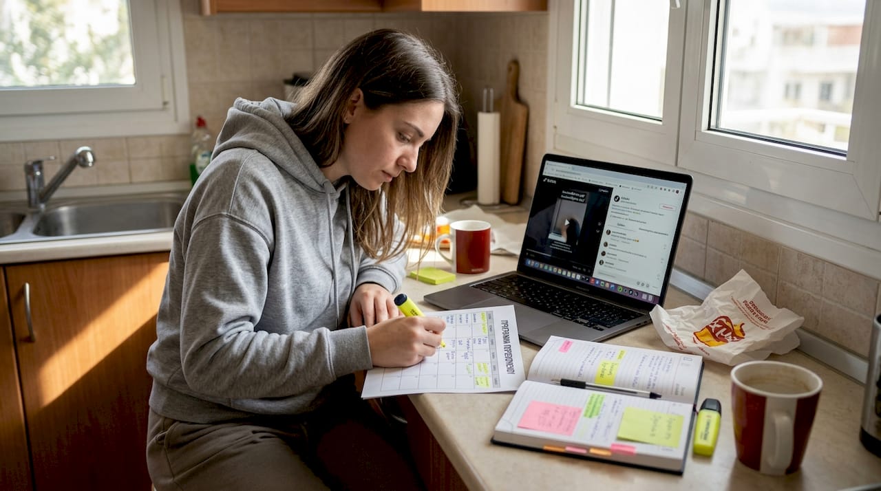 Ένας marketer οργανώνει το πρόγραμμα των αναρτήσεών του πάνω στον πάγκο της κουζίνας.