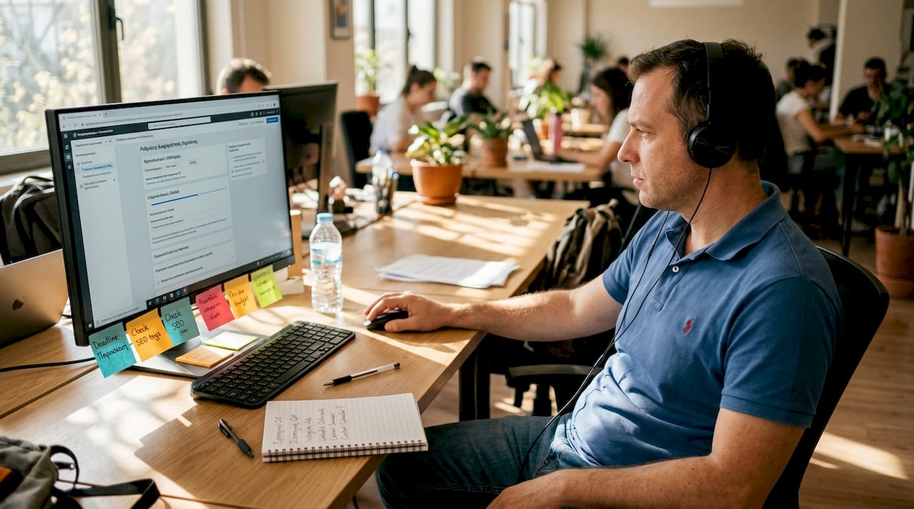 Ένας marketer ρυθμίζει τις παραμέτρους της καμπάνιας του, δουλεύοντας σε έναν κοινόχρηστο χώρο γραφείου.