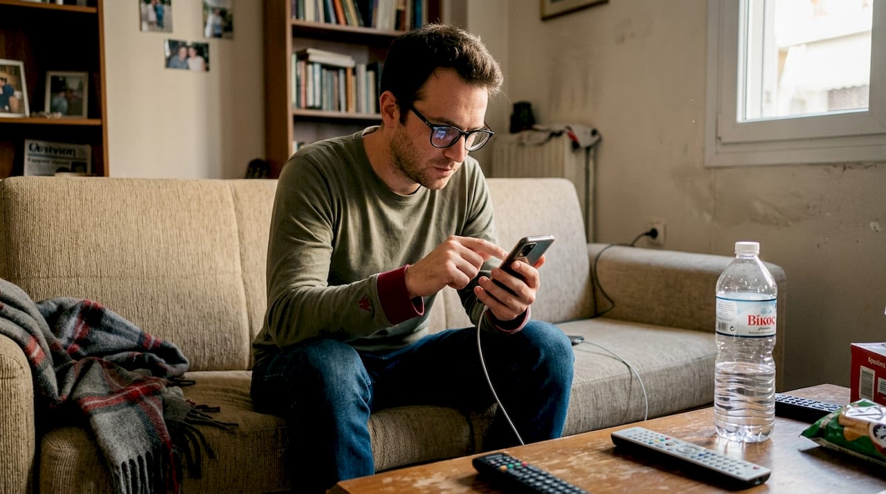 Άνδρας κάθεται στον καναπέ και επεξεργάζεται βίντεο για τα social στο κινητό του.
