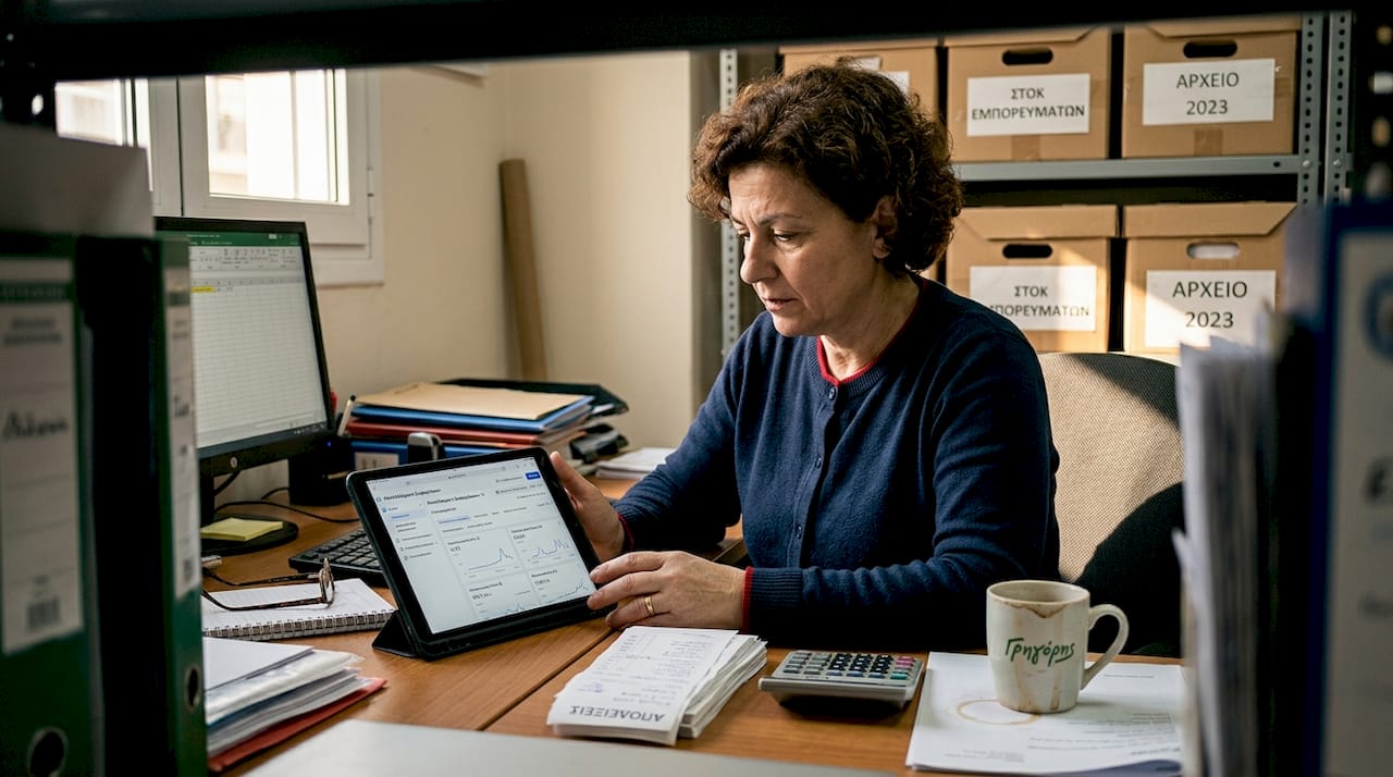 Ο ιδιοκτήτης μιας μικρής επιχείρησης εξετάζει τα αποτελέσματα των διαφημίσεων που τρέχει στο διαδίκτυο.