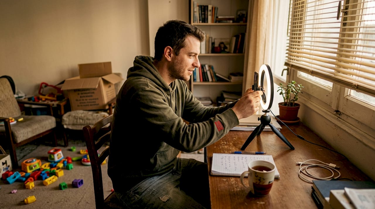 Ένας άνδρας ετοιμάζει τον εξοπλισμό του για να γράψει βίντεο στο γραφείο του.