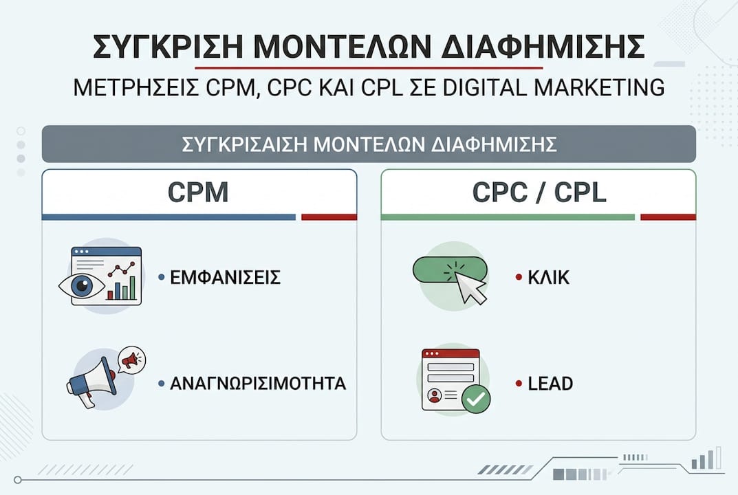 Γραφικό με σύγκριση των διαφημιστικών μοντέλων CPM, CPC και CPL