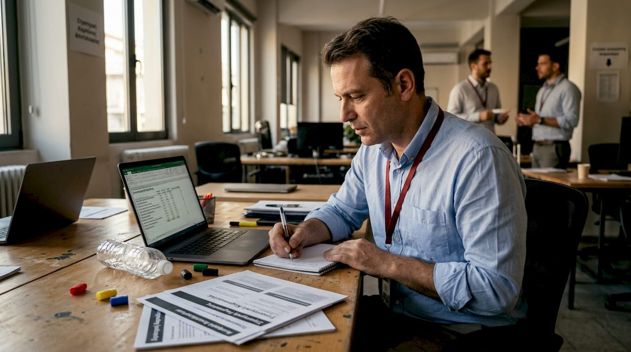 Ο υπεύθυνος της καμπάνιας αναπροσαρμόζει το κόστος ανά χίλιες εμφανίσεις (CPM) στο γραφείο του, εξετάζοντας τα δεδομένα και κάνοντας νέους υπολογισμούς.