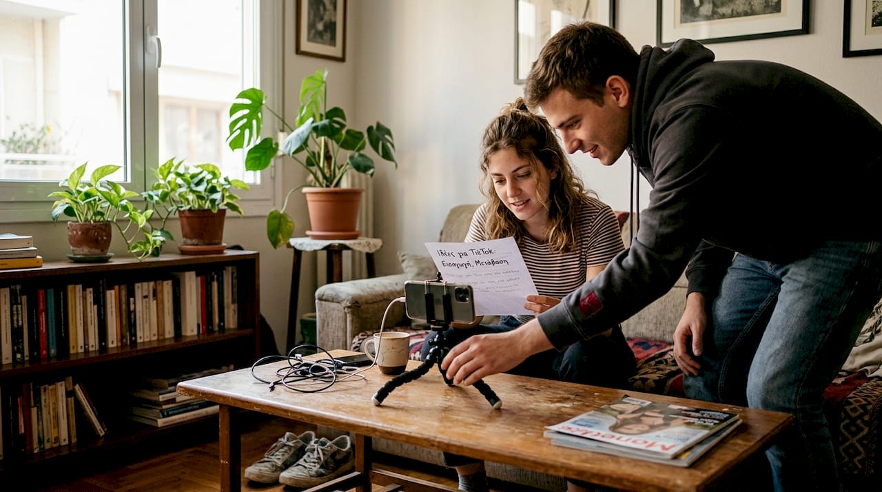 Νεαροί στο σπίτι γυρίζουν βίντεο για το TikTok