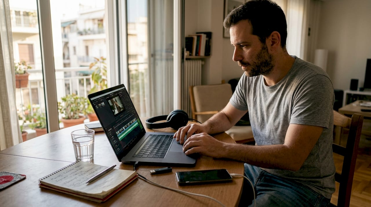 Ένας άνδρας επεξεργάζεται βίντεο και προσθέτει μια έξυπνη προτροπή για δράση ώστε να κινητοποιήσει το κοινό.